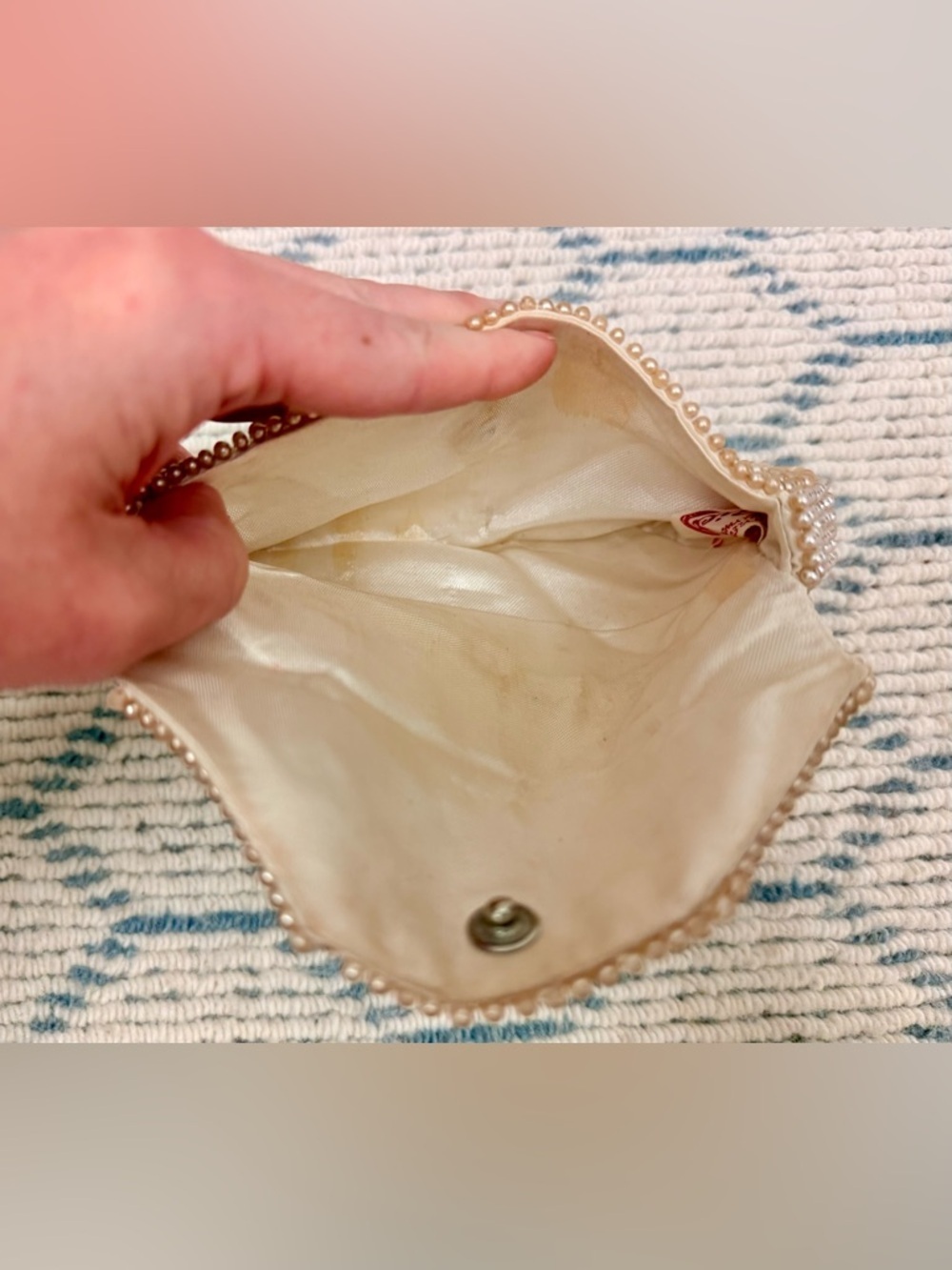 RICCI Vintage 50’s/60’s Creamy Faux Pearl Chevron Beaded Envelope Clutch Purse - Picture 13 of 16